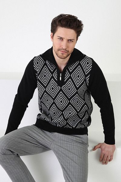 Ferraro Pulover pentru bărbați, 100% lână de miel, cu model pătrat negru