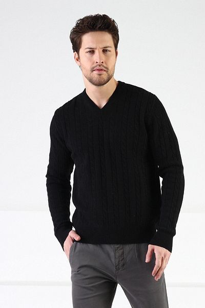 Ferraro Pulover pentru bărbați, negru, cu decolteu în V, 100% lână de miel