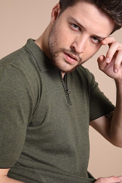 Ferraro Khaki Polo Collar Zippered 100% Cotton Men's Knitwear T-shirt