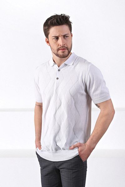 Ferraro Tricou pentru bărbați cu guler polo alb cu model baklava 100% bumbac