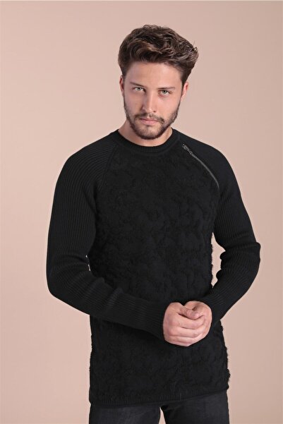 Ferraro Pulover de lână negru pentru bărbați, cu gât tip crewneck
