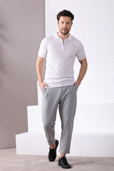 Ferraro Tricou alb pentru bărbați, 100% bumbac, cu fermoar, cu guler polo