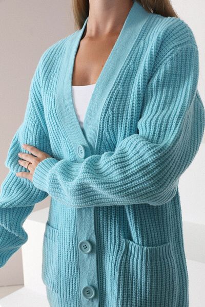 Ferraro Women's Turquoise Lamb Wool Oversize Knitwear Cardigan