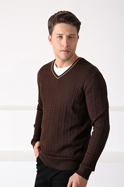 Ferraro Men's Brown V-Neck Cotton Sweater