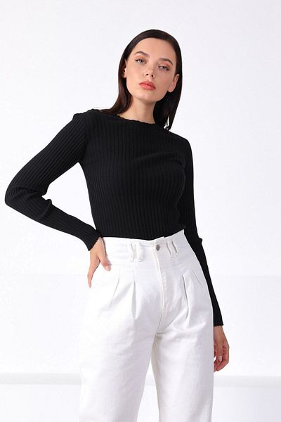 Ferraro Pulover de damă negru cu gât rotund, 100% bumbac