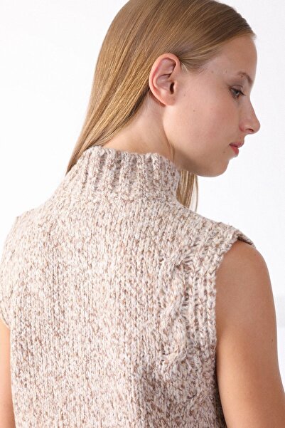 Ferraro Women's Beige Stand Collar Wool Knitwear Sweater