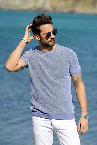 Ferraro Ανδρικό πλεκτό μπλουζάκι Saks/λευκό Eyelet Pattern Crew Neck 100% βαμβάκι