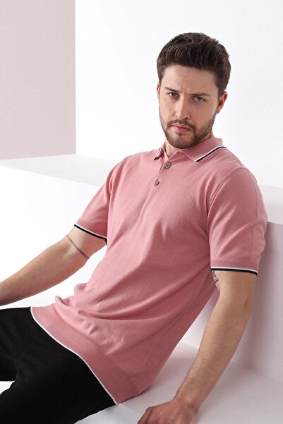 Ferraro Rose/white Collar Stripe Buttoned 100% Cotton Men's Knitwear T-shirt