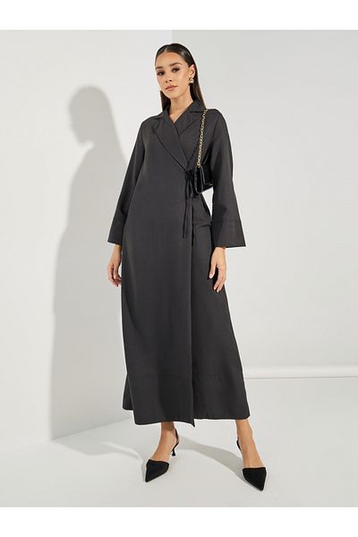 Styli Notch Lapel Wrap Abaya with Tie Waist