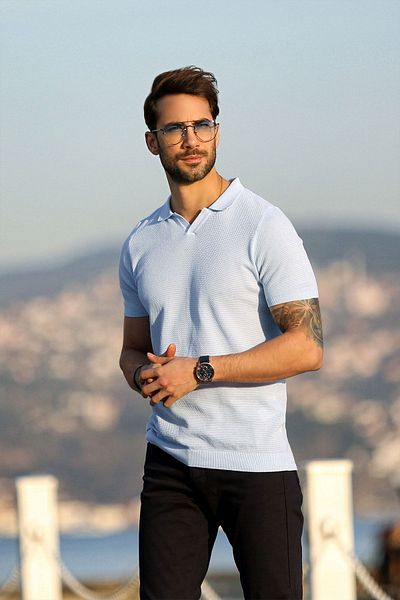 Ferraro A.albastru/alb Guler polo cu model cu ochi 100% bumbac Tricou tricotaj pentru bărbați