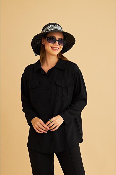 Basicpark Raxy Pocketed and Ribbed Linen Black Shirt and Trousers Set