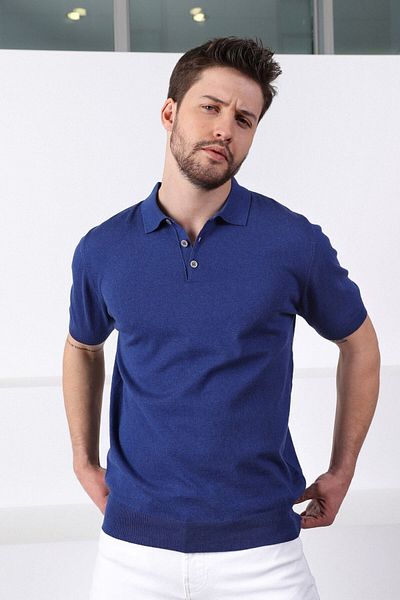 Ferraro Ανδρικό πλεκτό μπλουζάκι - Indigo Polo γιακά, 100% βαμβάκι, μονόχρωμο