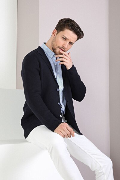 Ferraro Men's Navy Blue Three Button Thin Cotton Knitwear Jacket