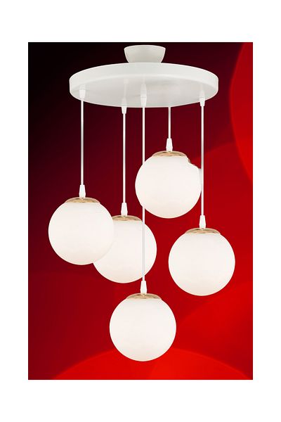 Kraliçe 5-Piece White Globe Glass Luxury Chandelier - Straight Downward Facing Pendant Lamp Tray