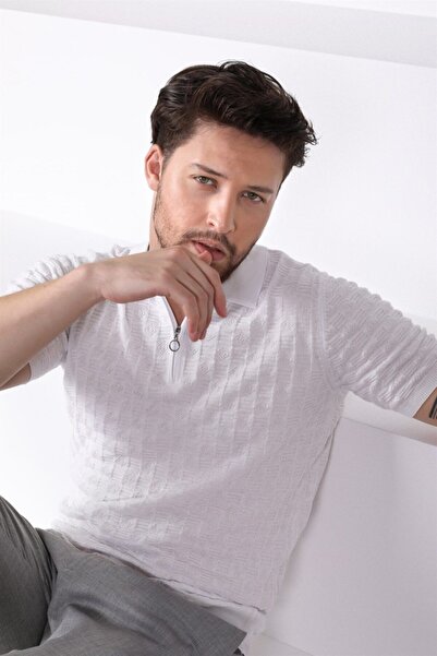 Ferraro White Polo Collar Zippered 100% Cotton Men's Knitwear T-shirt
