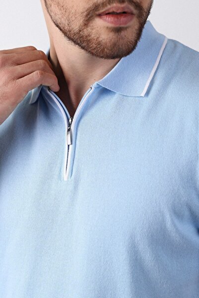 Ferraro Ice Blue Collar Stripe Zippered 100% Cotton Men's Knitwear T-shirt