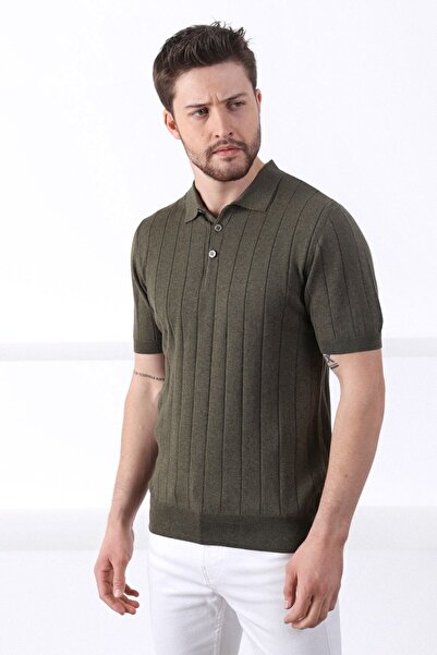 Ferraro Khaki Polo Collar Ribbed 100% Cotton Men's Knitwear T-shirt