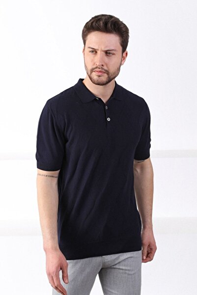 Ferraro Navy Blue Polo Collar Baklava Pattern 100% Cotton Men's Knitwear T-shirt
