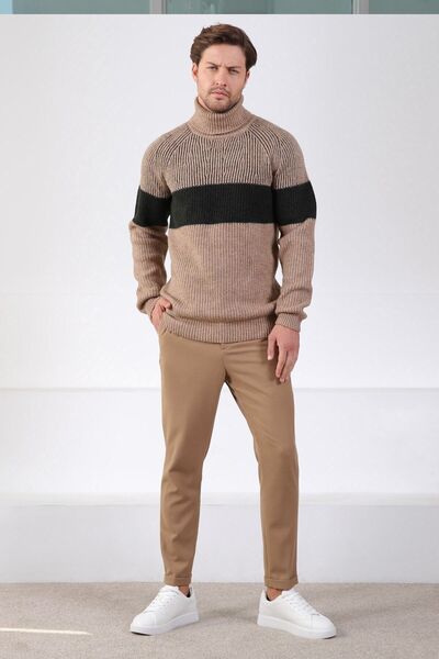 Ferraro Camel Haki Balıkçı Yaka Alpaka Yün Kazak