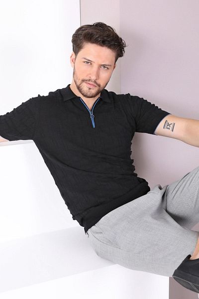 Ferraro Μπλουζάκι ανδρικό πλεκτό μαύρο πόλο με φερμουάρ 100% βαμβακερό
