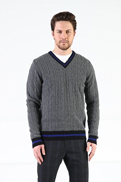 Ferraro Smoked/black V-neck 100% Lamb Wool Men's Sweater