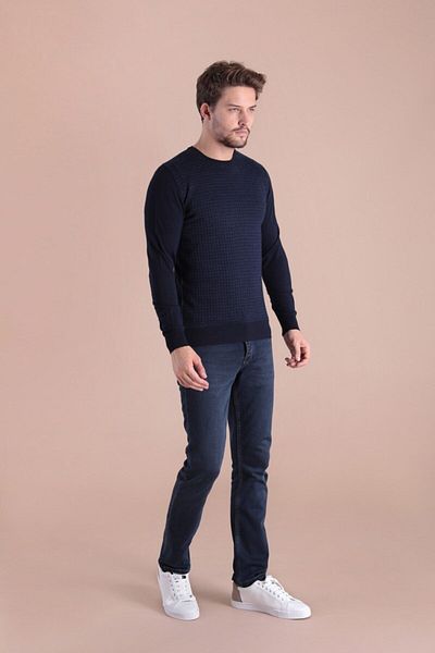 Ferraro Ανδρικό πουλόβερ Navy Blue Crew Neck Superfine μάλλινο πουλόβερ