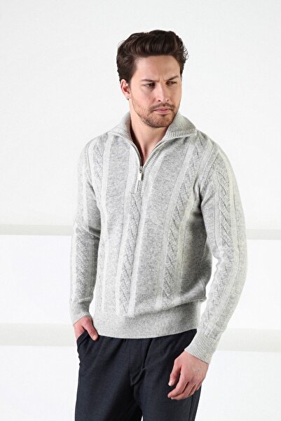 Ferraro Pulover pentru bărbați 100% lână de miel cu guler cu model tricotat A...