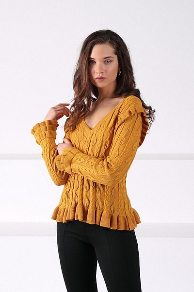 Ferraro Women's Gold V-Neck Sleeve Frilly Cotton Knitwear Sweater