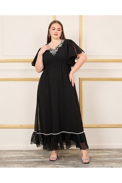 Styli Plus Embellished Smocked Waist A-Line Maxi  Dress