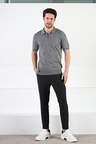 Ferraro Grey Zippered Polo Collar 100% Cotton Men's Knitwear T-shirt