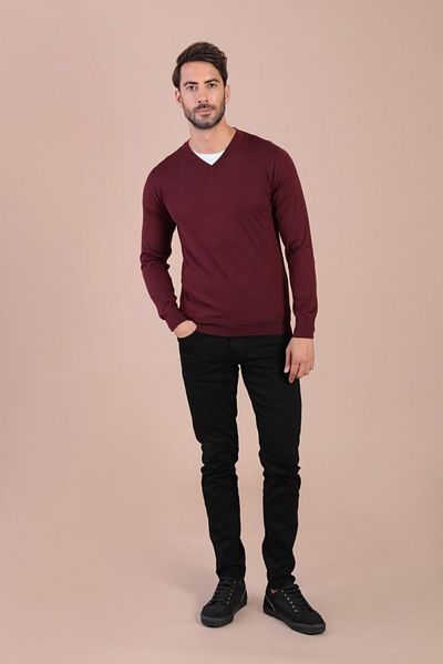 Ferraro Pulover de lână superfină cu decolteu în V pentru bărbați din Bordeaux