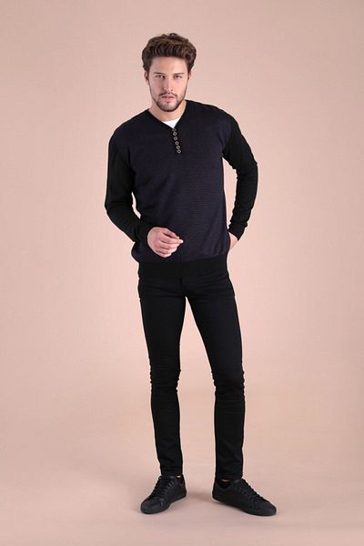 Ferraro Pulover negru din lână superfină cu decolteu în V pentru bărbați