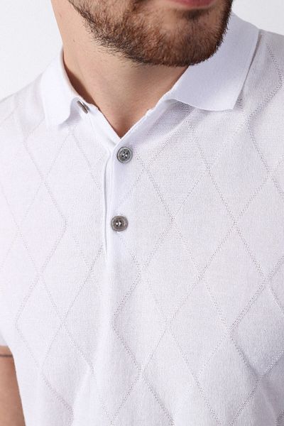 Ferraro Tricou pentru bărbați cu guler polo alb cu model baklava 100% bumbac