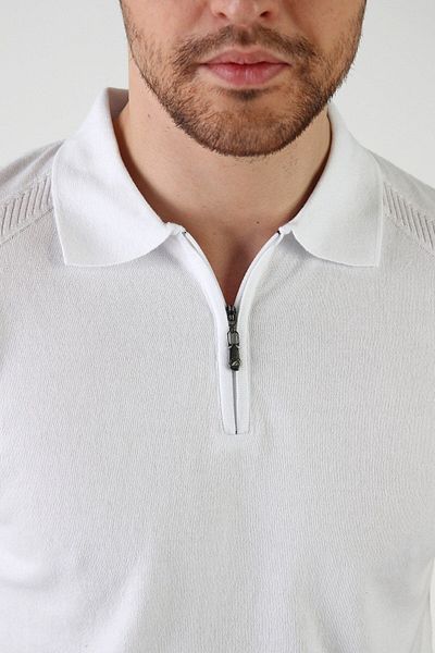 Ferraro Tricou alb pentru bărbați, guler polo cu fermoar, 100% bumbac