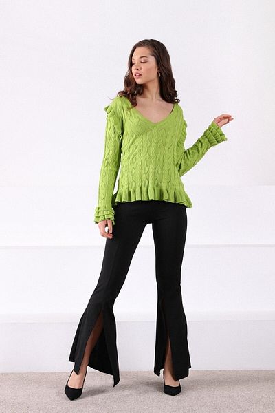 Ferraro Women's Green V-Neck Sleeve Ruffled Cotton Knitwear Sweater