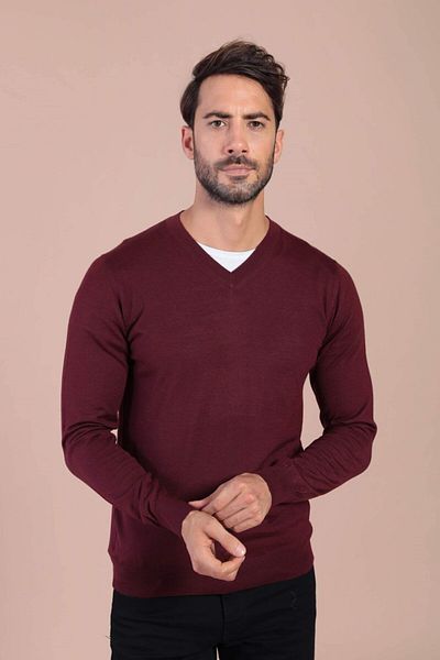 Ferraro Pulover de lână superfină cu decolteu în V pentru bărbați din Bordeaux