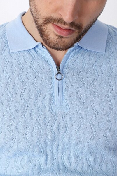 Ferraro Blue Polo Collar Zippered 100% Cotton Men's Knitwear T-shirt
