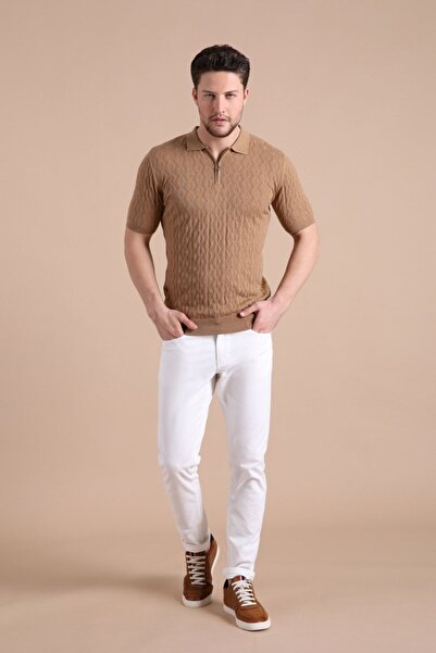 Ferraro Camel Polo Collar Zippered 100% Cotton Men's Knitwear T-shirt