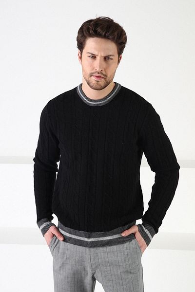Ferraro Μαύρο/καπνιστό Crew Neck 100% Lamb Wool Ανδρικό πουλόβερ