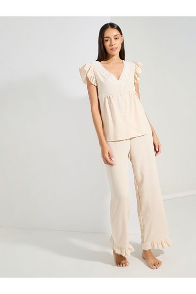 Styli Textured Lace Trim Ruffle Sleeves Shirt & Pyjama Set