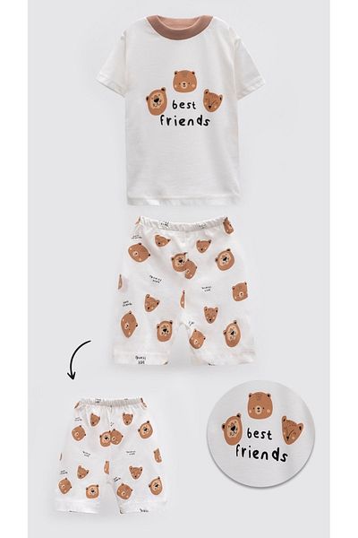 aden kids Teddy Bear Patterned Unisex Baby and Kids Summer Pajama Set - Best Friends 0-4 Years