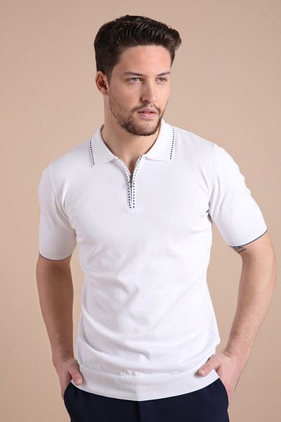 Ferraro Tricou alb pentru bărbați, 100% bumbac, cu fermoar, cu guler polo