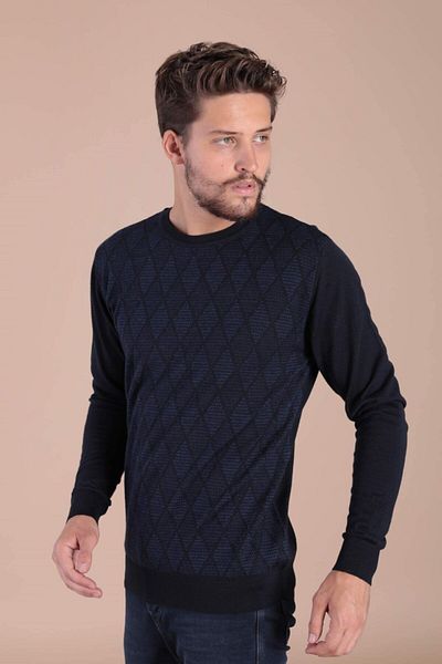 Ferraro Ανδρικό πουλόβερ με λαιμόκοψη Navy Blue Superfine Wool