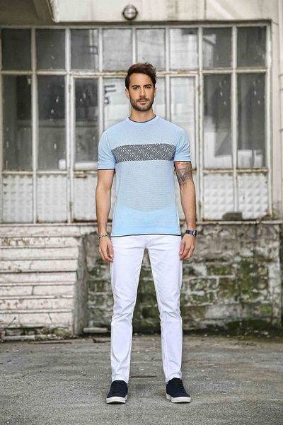 Ferraro Tricou pentru bărbați, cu gât perforat, 100% bumbac, tricotaj - albastru bleumarin