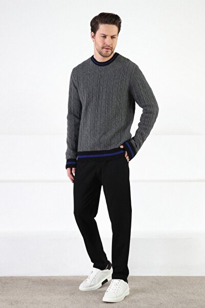 Ferraro Smoked/black Crew Neck 100% Lamb Wool Men's Sweater