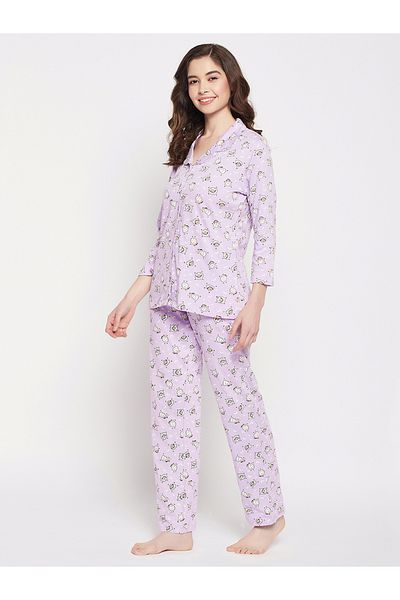 Clovia By Styli Cotton Sheep Print Button Down Shirt & Pyjama Set