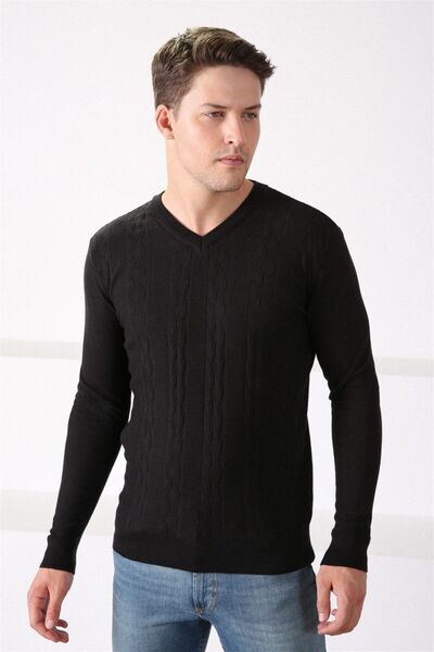 Ferraro Erkek Siyah V Yaka  Pamuk Kazak