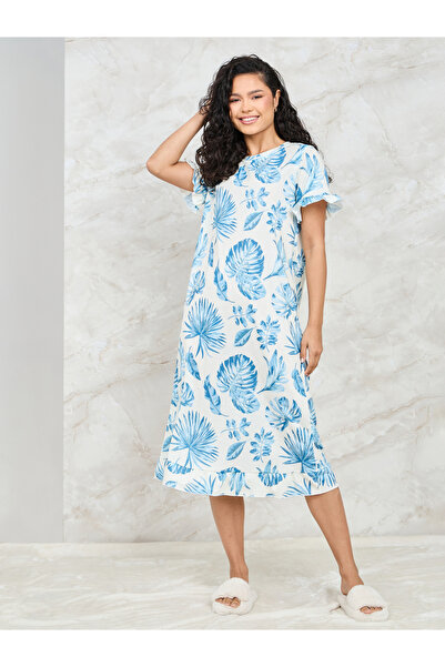 Styli فستان تي شيرت بأكمام مكشكشة وطباعة استوائية