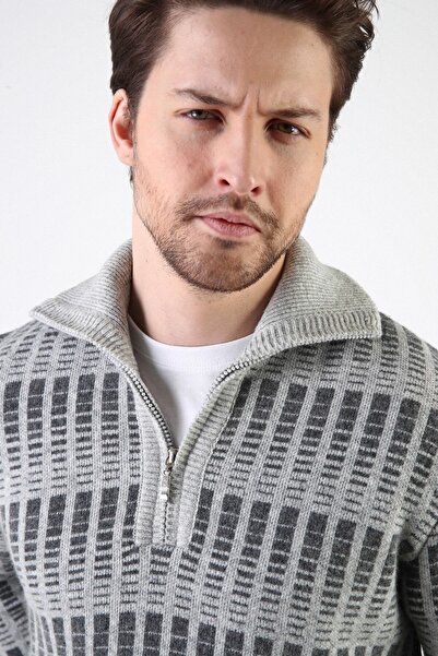 Ferraro A.gray Zippered Stand Collar 100% Lamb Wool Men's Sweater