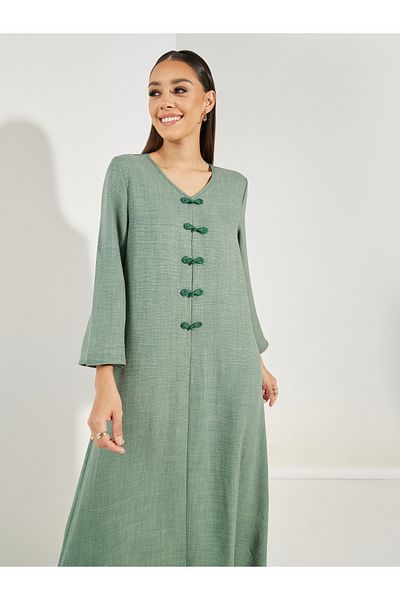 Styli Decorative Button Detail V Neck Jalabiya